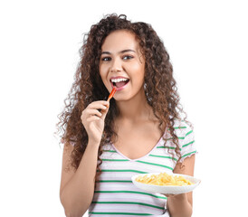 Wall Mural - Young African-American woman with unhealthy food on white background