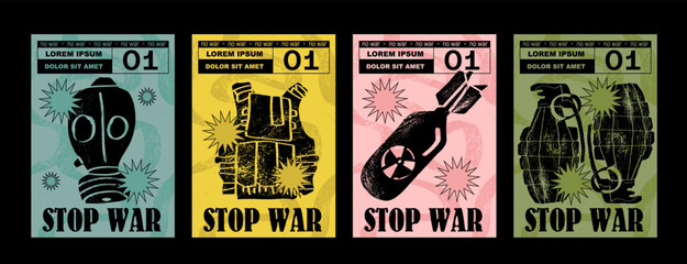 Wall Mural - anti-nuclear war propaganda poster. no to war, stop war. set of vector illustrations. engraving, ink