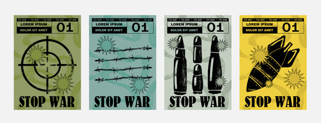 Wall Mural - Anti-nuclear war propaganda poster. No to War, Stop War. Set of vector illustrations. Engraving, ink style. Poster, cover, t-shirt print. Military target, bullet, bomb, projectile