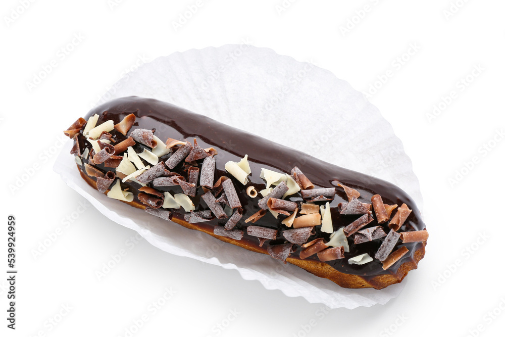 Tasty chocolate eclair on white background