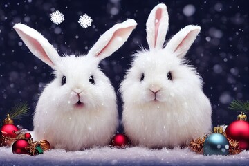 rabbit in the winter forest christmas background