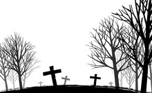 Halloween Dark Shadows Of Graves, Crosses And Trees On The Hillside.