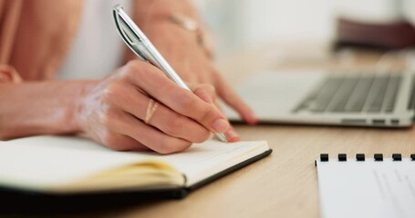 Aufkleber - Hand, writing and notebook with a business woman doing research while planning a schedule in her diary. Books, strategy and analytics with a female copywriting or working on a desk in her office