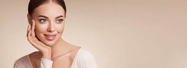Wall Mural - portrait beautiful young woman with clean fresh skin. model with healthy skin, close up portrait. co