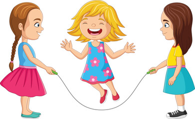 Wall Mural - Cartoon three girls playing jumping rope