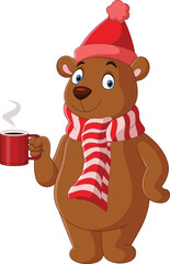 Poster - Cartoon bear wearing scarf and hat holding hot coffee