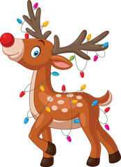 Wall Mural - Cartoon little deer with christmas lights