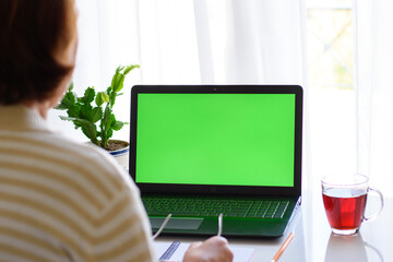 Back view of unrecognizable senior elderly woman at the table holding glasses and watching educational webinar, online lecture seminar on laptop with green screen. The concept of distance education