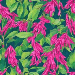 Wall Mural - Hardy Fuchsia flowers with leaves – High quality botanical painting