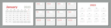 2023 Calendar Planner Template. Vector Layout Of A Wall Or Desk Simple Calendar With Week Start Monday. Calendar Grid In Grey Color For Print