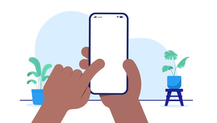 Aufkleber - Using mobile phone touch screen - Hands with dark skin interacting on smartphone with blank white screen. Vector mockup with white background