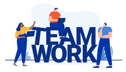 Aufkleber - teamwork people - cartoon vector illustration of three diverse businesspeople with computers working