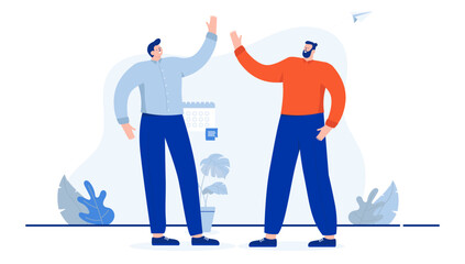 Poster - high five - two men working in office doing high-fives, smiling and being friendly at work. flat des