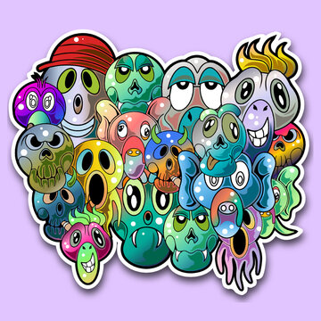 Doodle cute monster coloring sticker