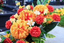 Beautiful Bouquet With Artificial Orange Roses And Chrysanthemums.