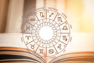 zodiac circle against the background of an open book. astrological forecast for the signs of the zod