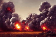 A Series Of Explosions On The Battlefield. War And Destruction. 3D Illustration.