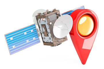 Sticker - Satellite with map pointer, 3D rendering