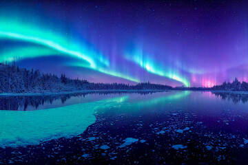 Wall Mural - aurora borealis on the norway. green northern lights above mountains. night sky with polar lights. n