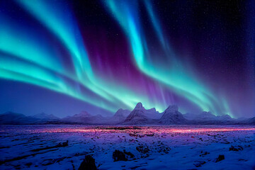 Wall Mural - aurora borealis on the norway. green northern lights above mountains. night sky with polar lights. n