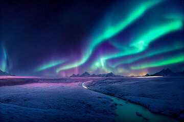 Wall Mural - aurora borealis on the norway. green northern lights above mountains. night sky with polar lights. n