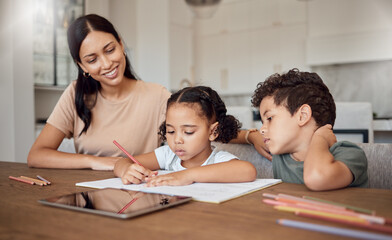 Poster - Education, mom and helping children with homework sitting at table, writing and drawing. Teaching, learning and mother with boy and girl to help with school work, learn to read and write at home