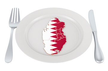 Poster - Qatari cuisine concept. Plate with map of Qatar. 3D rendering