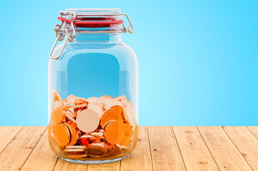 Poster - Glass jar with golden coins on the wooden table, 3D rendering