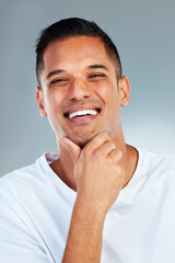 Sticker - Man, portrait and smile with teeth in fresh or clean hygiene against a grey studio background. Happy male smiling for healthy lifestyle in satisfaction for dental, mouth and oral or gum care