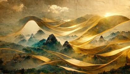 Wall Mural - Minimalistic mountain landscape with watercolor brush in Japanese traditional style. Wallpaper with abstract art for prints or covers. 3d artwork