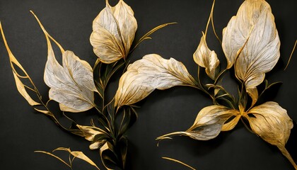 Wall Mural - elegant flowers with golden leaves and branches on a dark background. seamless hand drawn brush patt