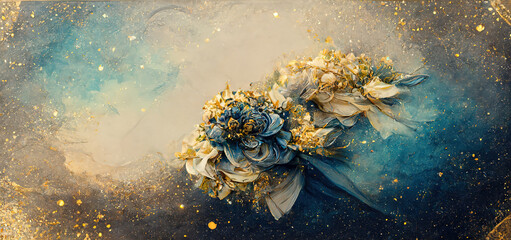 Aufkleber - Elegant golden and blue flowers and branches on light background. Vintage floral decor for postcard. Fantastic plant 3d illustration