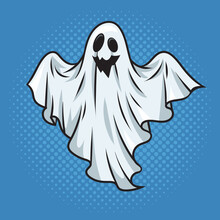 Sheet Ghost With Smile Halloween Cartoon Character Pinup Pop Art Retro Vector Illustration. Comic Book Style Imitation.
