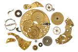 Fototapeta Las - Disassembled clockwork mechanism - various part of clockwork mechanism on transparent background
