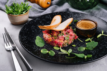 Raw beef tartar snack with capers