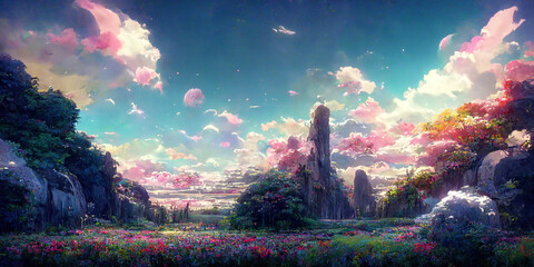 Wall Mural - wide angle japanese anime landscape background. clear sky with dynamic sunlight see through sakura c