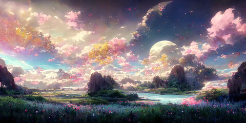 Wall Mural - wide angle japanese anime landscape background. clear sky with dynamic sunlight see through sakura c
