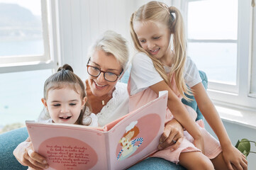 book, reading and grandmother with children for learning, language development and english education