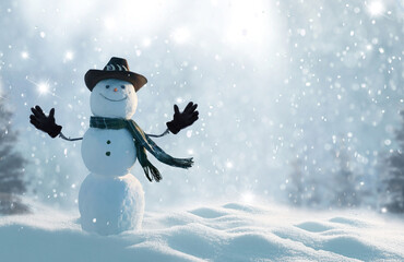 Merry christmas and happy new year greeting card with copy-space.Happy snowman standing in winter christmas landscape.Snow background