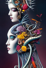 Poster - female surrealistic portrait with insects and bones