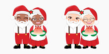 Santa In Casual Wear And Mrs.Claus Holding Cake Vector, American African Couple Santa Claus And His Wife Isolated On White Background Vector