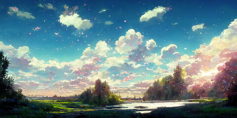 WIde Angle Japanese Anime Landscape Background. Clear Sky with Dynamic Cloud. Sakura Tree. Beautiful Scenery.