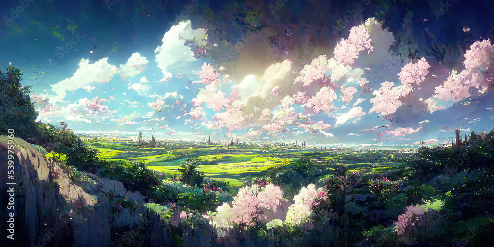 WIde Angle Japanese Anime Landscape Background. Clear Sky with Dynamic Cloud. Sakura Tree. Beautiful Scenery.