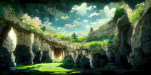 WIde Angle Japanese Anime Landscape Background. Clear Sky With Dynamic Cloud. Secret Fairytale Sacred Cave. Beautiful Scenery.