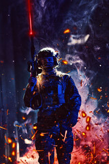 Wall Mural - Army soldier in Combat Uniforms with an assault rifle and combat helmet night mission dark background. Blue and purple gel light effect.