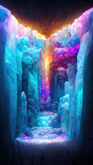 Wall Mural - Sparkling multi-colored crystals with rays of light on black background. Video game style, gorge. Ai generated art illustration.