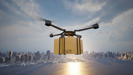 Autonomous cargo drone flying on big city, 3d render