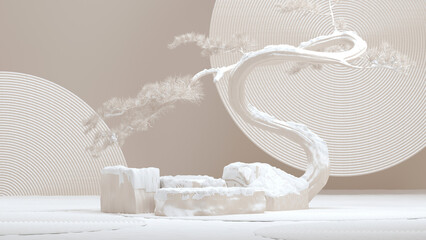 Wall Mural - japanese style 3d podium concept bonsai tree with snow season brown background for product presentat