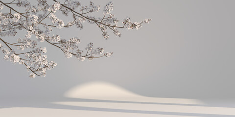 Wall Mural - 3d cosmetic background, white sakura and natural light shadow background for display products, perfu