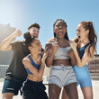 Fitness, happy and friends in workout celebration in the city on a rooftop with achievement. Diversity, happiness and people celebrating sports victory for success, motivation and outdoor exercise.
